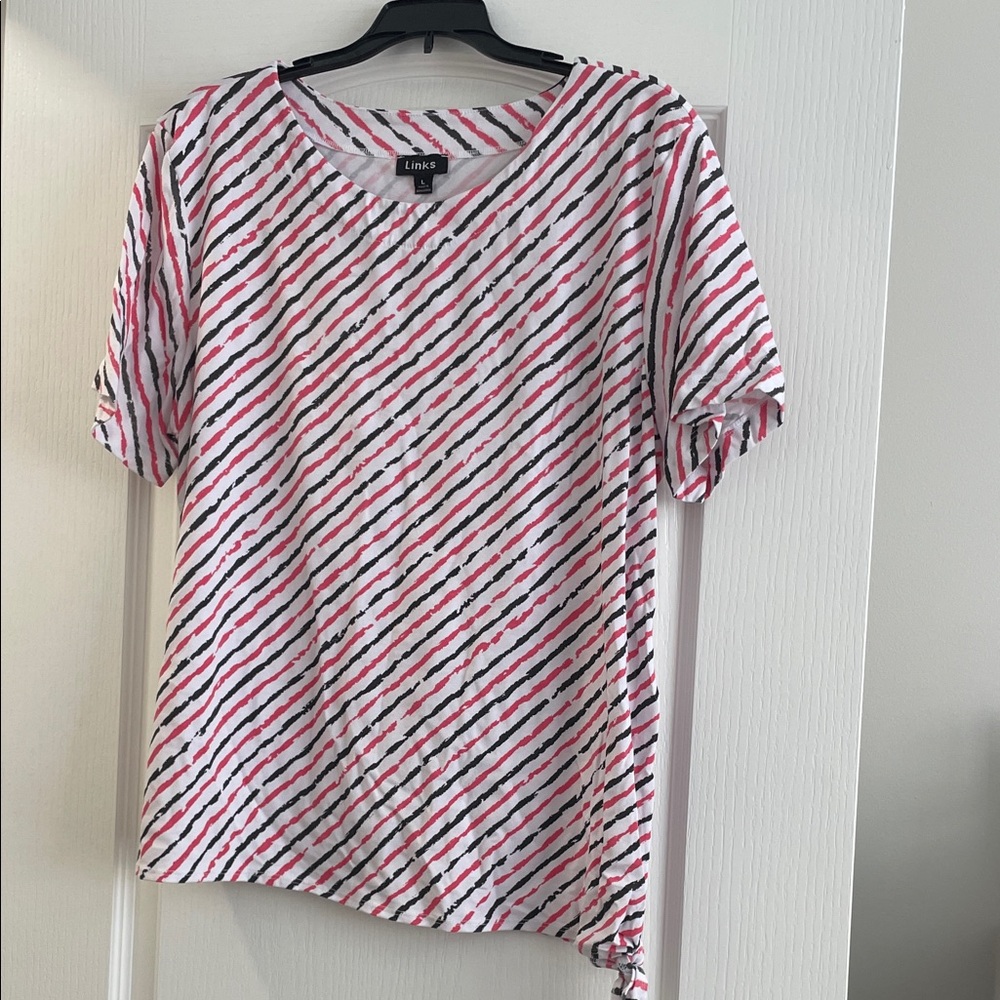 Link Diagonal Striped Short Sleeve Top in Pink, Black and White